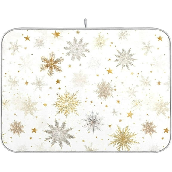 Winter Snowflake White Dish Drying Mat for Kitchen Countertop 16x18 Christmas Snow Golden Xmas Small Drying Mat Reusable Quick Dry Dish Sink Mats Easy Clean Decorative Essentials