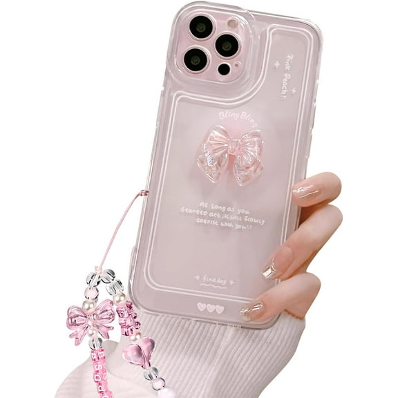 Compatible for iPhone 16 Pro Cute 3D Pink Bowknot Slim Women Girls Clear Aesthetic Design Phone Cases Cover Glitter Bow Crystal Sparkle Sparkly Chain