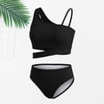 thumbnail image 2 of Ruyang Girls Solid Bikini Swimsuit One Wide Strap Cutout Waist Tops and Trunks Bathing Suit Summer Quick Dry Pool Swim Outfits, 2 of 8