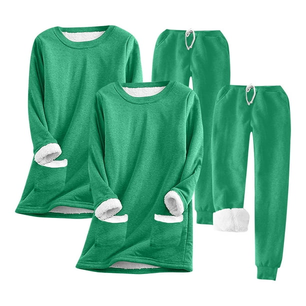 Puntoco Conjunto De 2 Piezas De top De Manga Larga Cálido De Terciopelo Grueso Con Bolsillo Y Cuello Redondo De Color Sólido Para Mujer Verde S