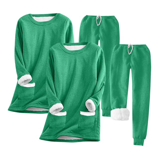 Puntoco Conjunto De 2 Piezas De top De Manga Larga Cálido De Terciopelo Grueso Con Bolsillo Y Cuello Redondo De Color Liso Para Mujer Verde Xxl
