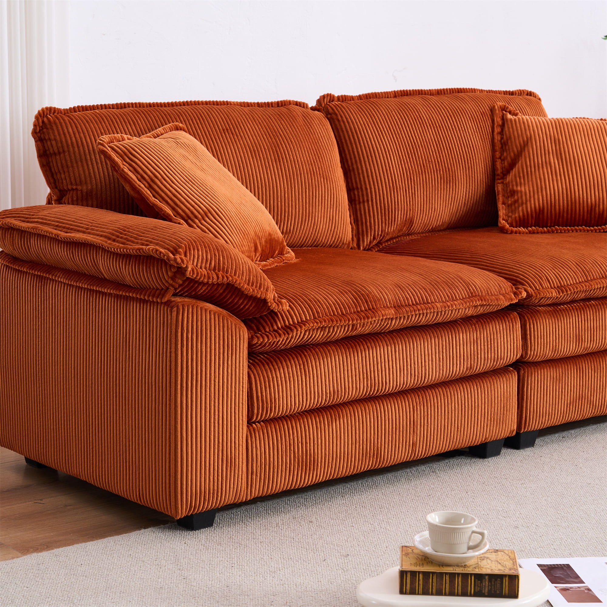 Aukfa Modular Sectional Couch Deep Seat Loveseat Sofa with 2 Ottoman for Living Room, 6 Pillows, Corduroy, Orange