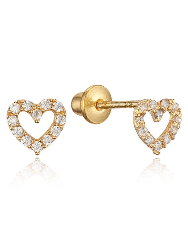 14k Gold Plated Brass Open Heart Cubic Zirconia Screwback Girls Earrings with Sterling Silver Post