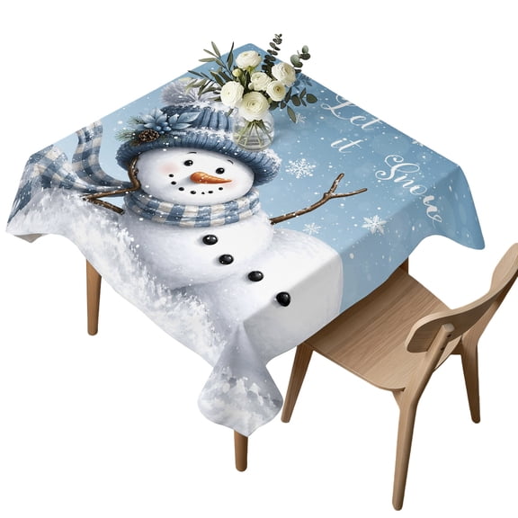 Waterproof Tablecloth Cute Snowman Merry Christmas Square Table Cloth 54x54in,Wipeable Washable Table Cover Winter Snowflake Light Blue Tablecloths for Dining Tables Kitchen Picnic Outdoor Party