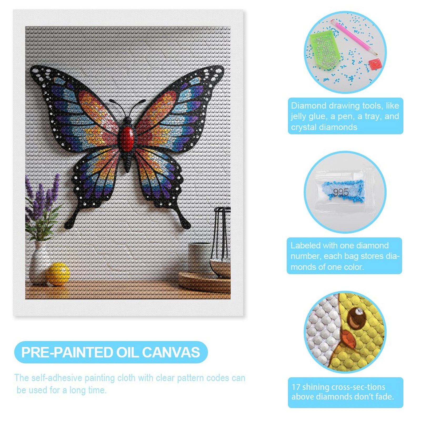 Diamond Art Kits for Adults - Colorful Mosaic Butterfly Art 5d Diamond Painting for Adults, Diamond Art for Adults Beginners, Frameless Diamond Painting Kits for Adults for Home Wall Decor
