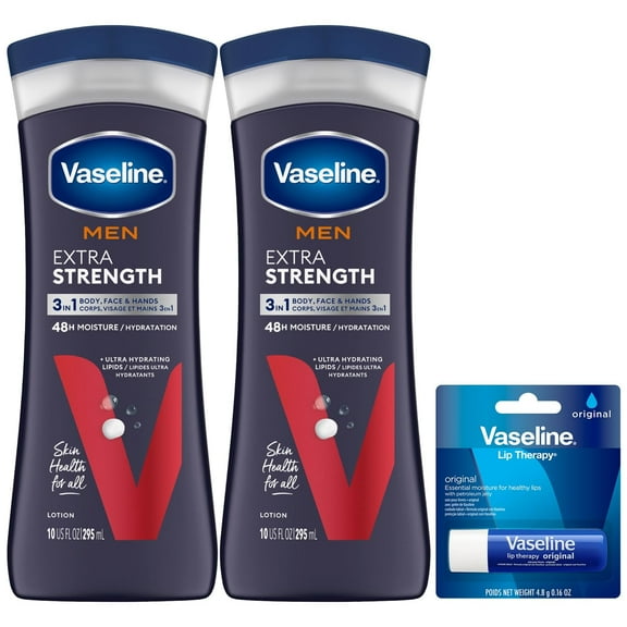 Vaseline Lotion For Men Extra Strength 3-In-1 For Face, Hands & Body   Original Lip Therapy For Dry Lips With Petroleum Jelly (3 Piece Set) Packaging May Vary