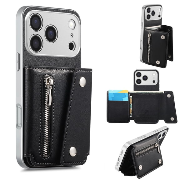 Mynvo for Apple iPhone 17 Pro, Slim PU Leather Zipper Wallet Phone Case with Card Slots, Cash Pocket, Metal Buckle Hook Folio Stand Back Protective Cover, Black