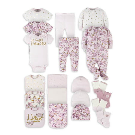 Girl Newborn Shower Gift Set  20-Piece (Newborn-0/6 Months) girl clothing bundles make the best baby shower gifts! Each piece is made with soft fabric made with cotton that’s gentle on your baby’s skin. Our essentials have been independently certified with STANDARD 100 by OEKO-TEX so that you don’t have to worry about harmful substances in your baby’s wardrobe. This set includes three Onesies bodysuits  two Sleep  n Plays  two pairs of pants  three caps  three bibs  three burp cloths and four pairs of socks with a pink floral theme. Each piece is machine washable and dryable.