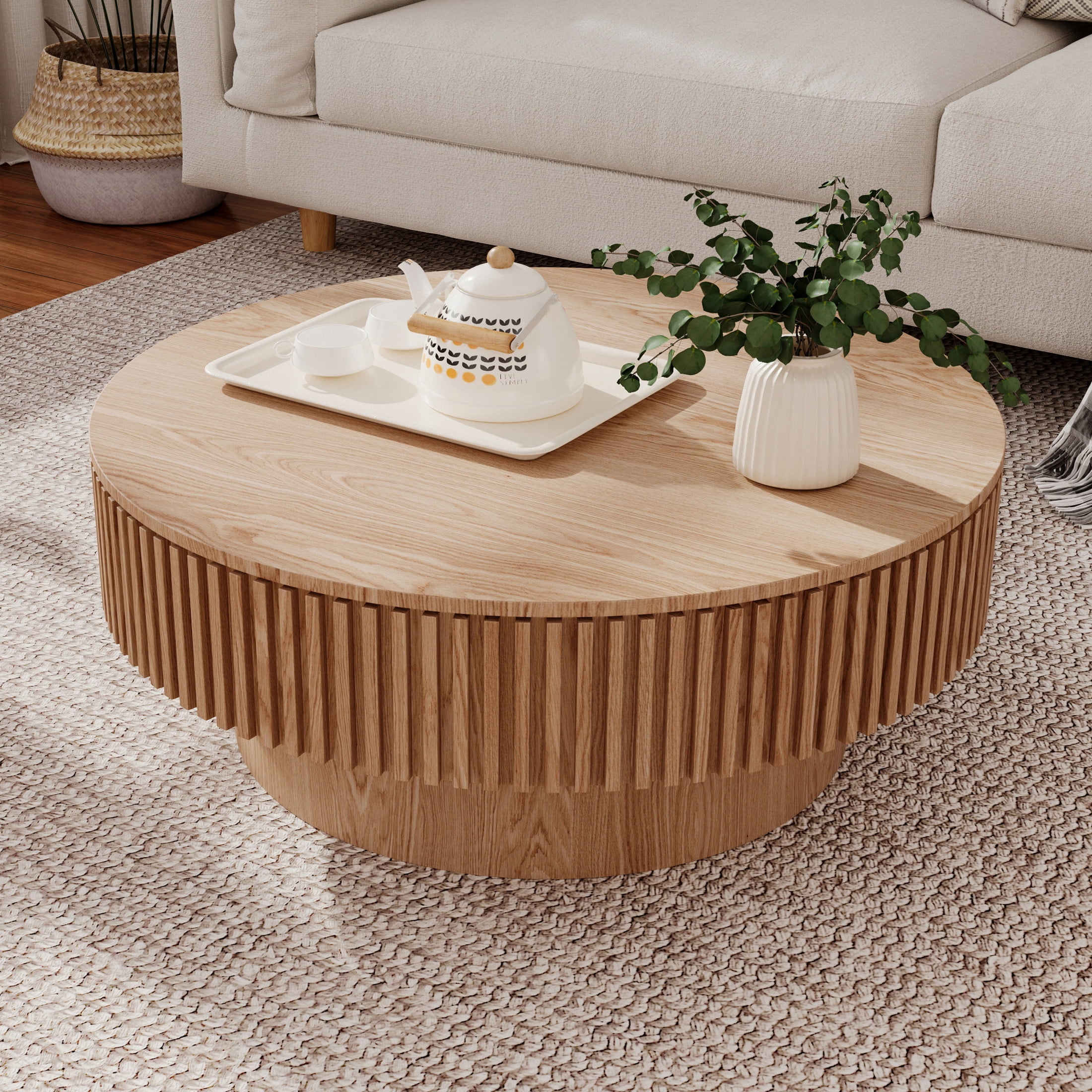 Noble House Leigh 31.5'' Round Modern Coffee Table with Hidden Storage, Solid Wood Veneer, Accent Tea Table, Natural