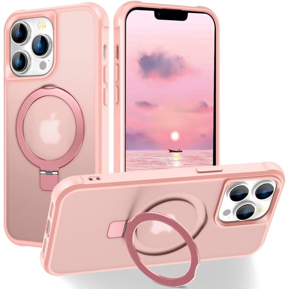 Magnetic for iPhone 13 Pro Case with Stand [Military Grade Drop Tested][Compatible with Magnet] Ring Translucent Slim Hard Back Soft Edge, Pink