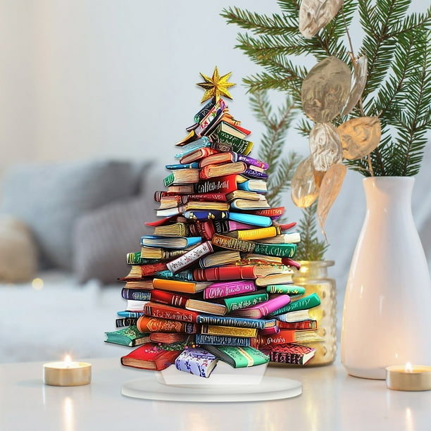 Árbol de Navidad acrílico con temática de libros | Regalo inspirador para amantes de los libros | Adorno de mesa navideño colorido | Dos tamaños para una presentación festiva