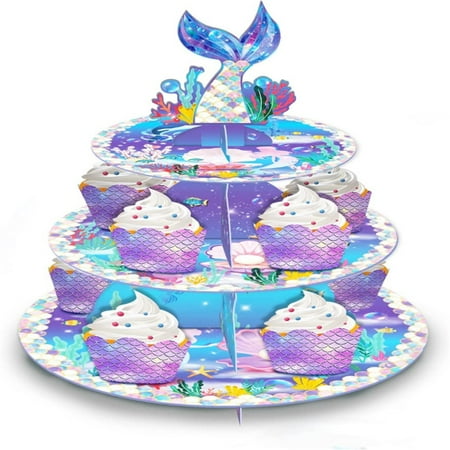 

Fithood Mermaid Cake Stand Dessert Table Display Set Serving Tray 3-Tier Cardboard Cupcake Stand Holder Tower Round Desserts Pastry Birthday Party Supplies for 12-18 Cupcakes
