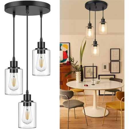 

Danting Industrial 3-Light Pendant Light Adjustable Hanging Light Fixture with Clear Glass Shade Mini Pendant Lighting Vintage Farmhouse Ceiling Lamp for Kitchen Dining Room E26 Base Black