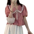 thumbnail image 3 of Blusa de manga corta abullonada para mujer, cuello vuelto, cuello en V, ribete de volantes, dobladillo con volantes, Top frontal con lazo, Rosa M, 3 of 8