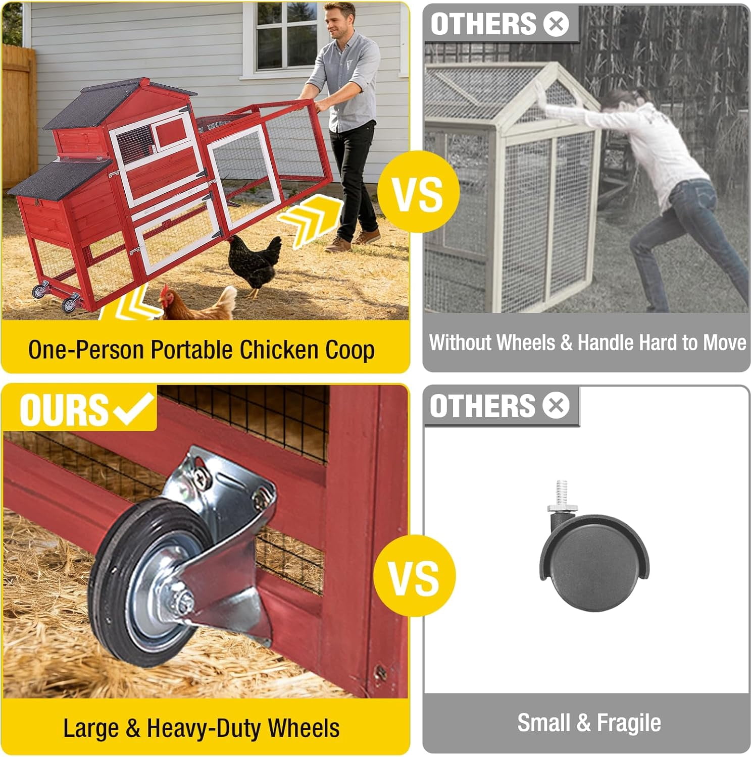 Aivituvin Large Chicken Coop with Wheels  82.4" L Outdoor Hen House with Run Nesting Box for 4-6 Chickens, Mobile Chicken House Portable Duck Coop Red