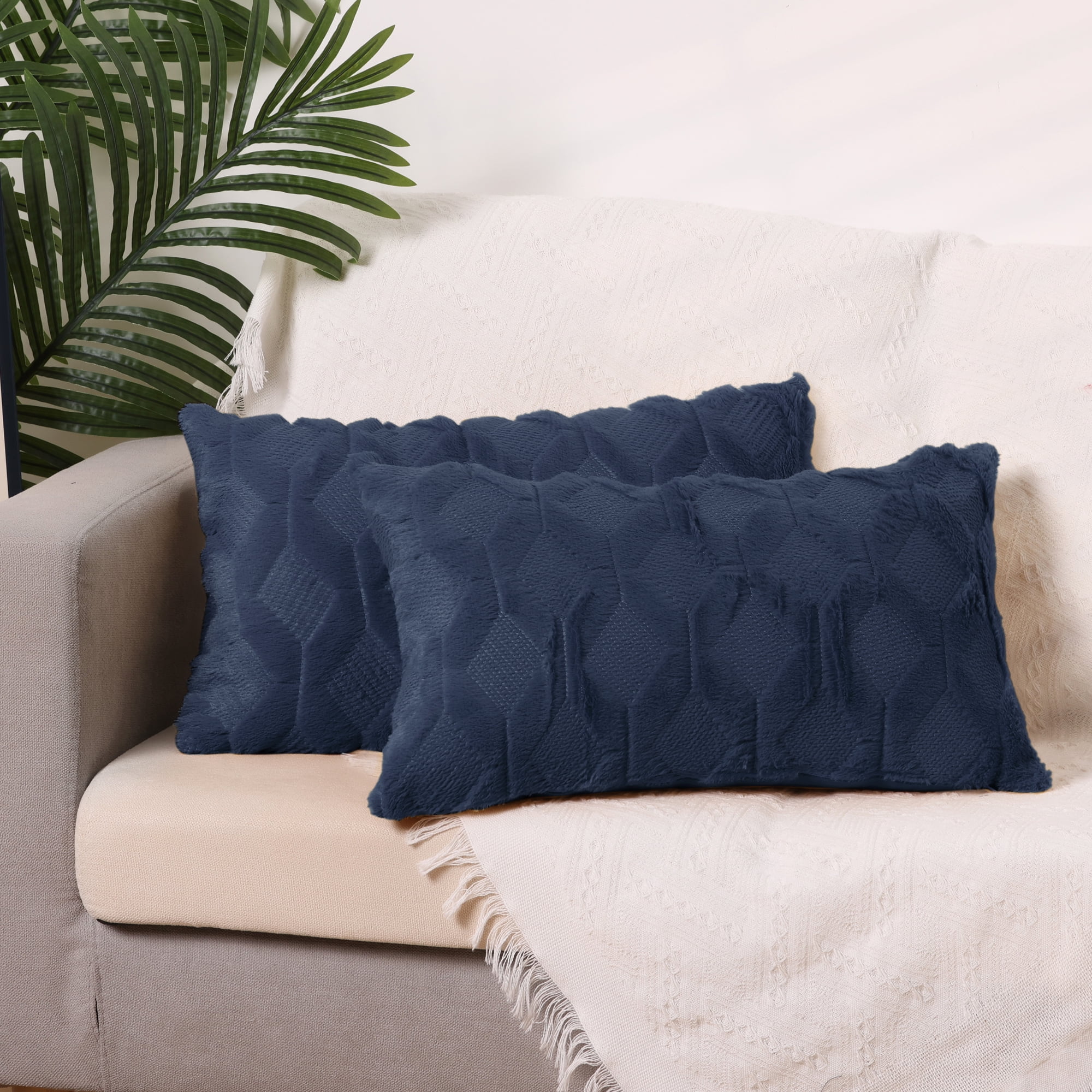 Unique Bargains Short Plush Solid Pillow Covers 4 Pcs Dark Blue/White 12" x 20"