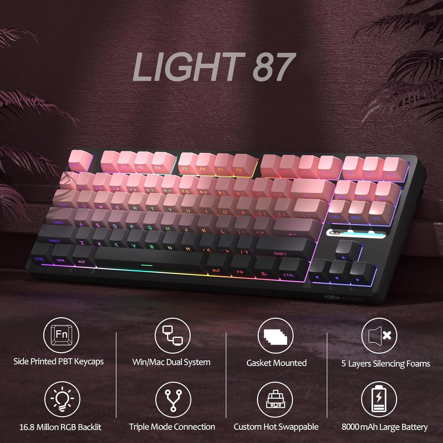 MageGee LIGHT87 Wireless Creamy Keyboard, Gasket Structure, RGB Backlit, 2.4G/USB-C/BT5.0 Hot Swappable 8000mAh Battery