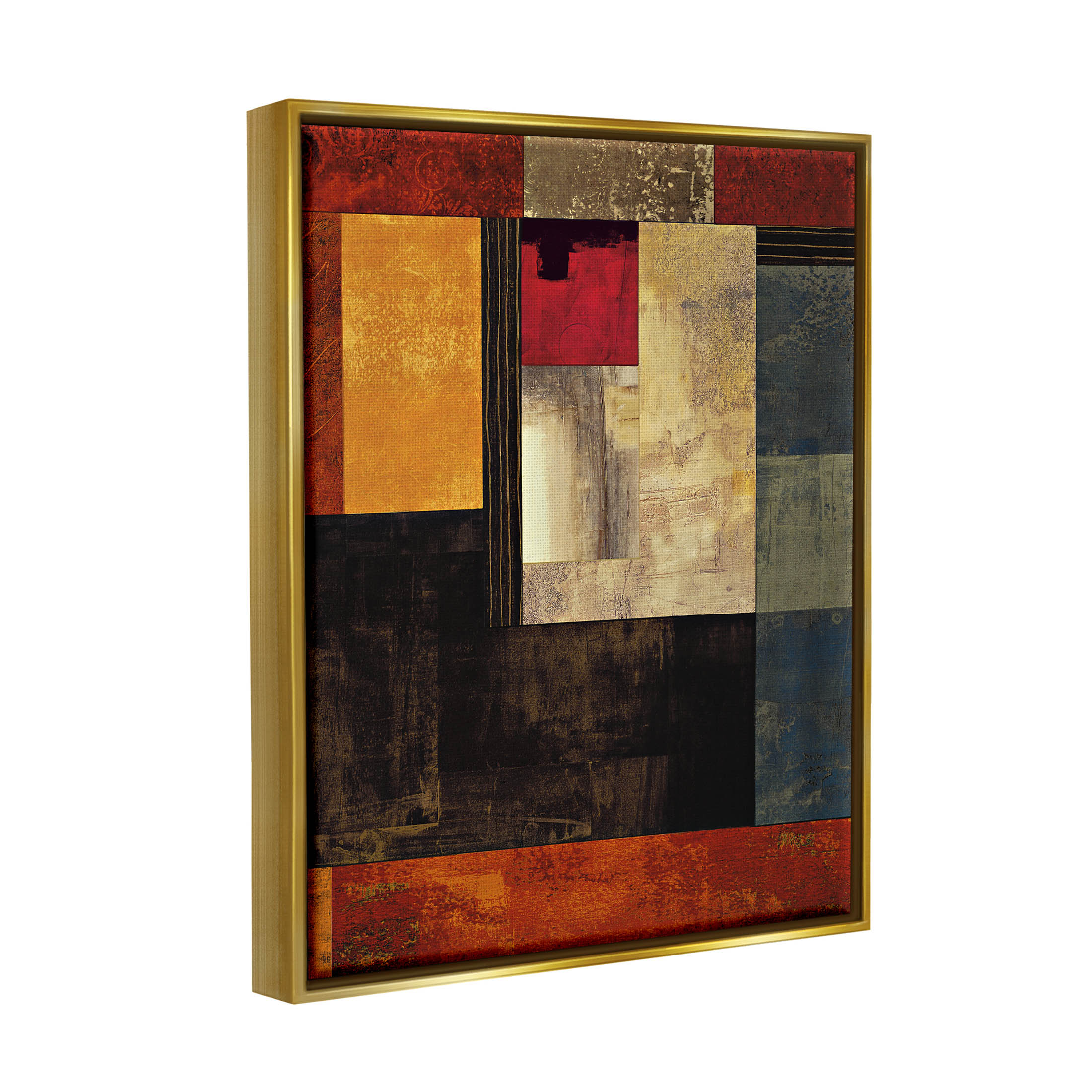 Rich Red Geometric Squares Abstract Graphic Art Metallic Gold Framed Art Print Wall Art