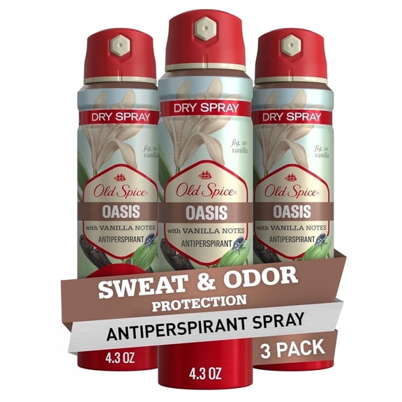 Old Spice Dry Spray Antiperspirant Deodorant for Men, 24/7 Freshness, 24/7 Sweat & Odor Protection, Gentle on Skin with Skin Conditioners, Oasis with Vanilla Argan Oil, 4.3 oz (Pack of 3)