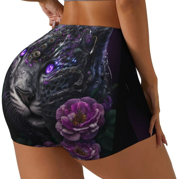 Fotbe Purple-Eyed Floral Leopard Shorts Sin Costuras – Shorts Deportivos de Cintura Alta para Mujer, Elásticos para Gimnasio, Yoga, Running o Ciclismo-Large