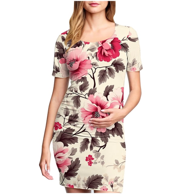 yoeyez Robes de Maternité pour Femmes à Manches Courtes, Col Rond, Robes à Fleurs, Robe Moulante en Coton de Maternité, Vêtements de Maternité pour Femmes Enceintes Multicolore,G