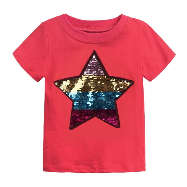 Ropa De Bebé (Niño O Niña) Traje De Niño Pequeño Moda Algodón Decoloración Divertida Flip Star Lentejuelas Patrón Top Camiseta Roja Odeerbi LM103-3717