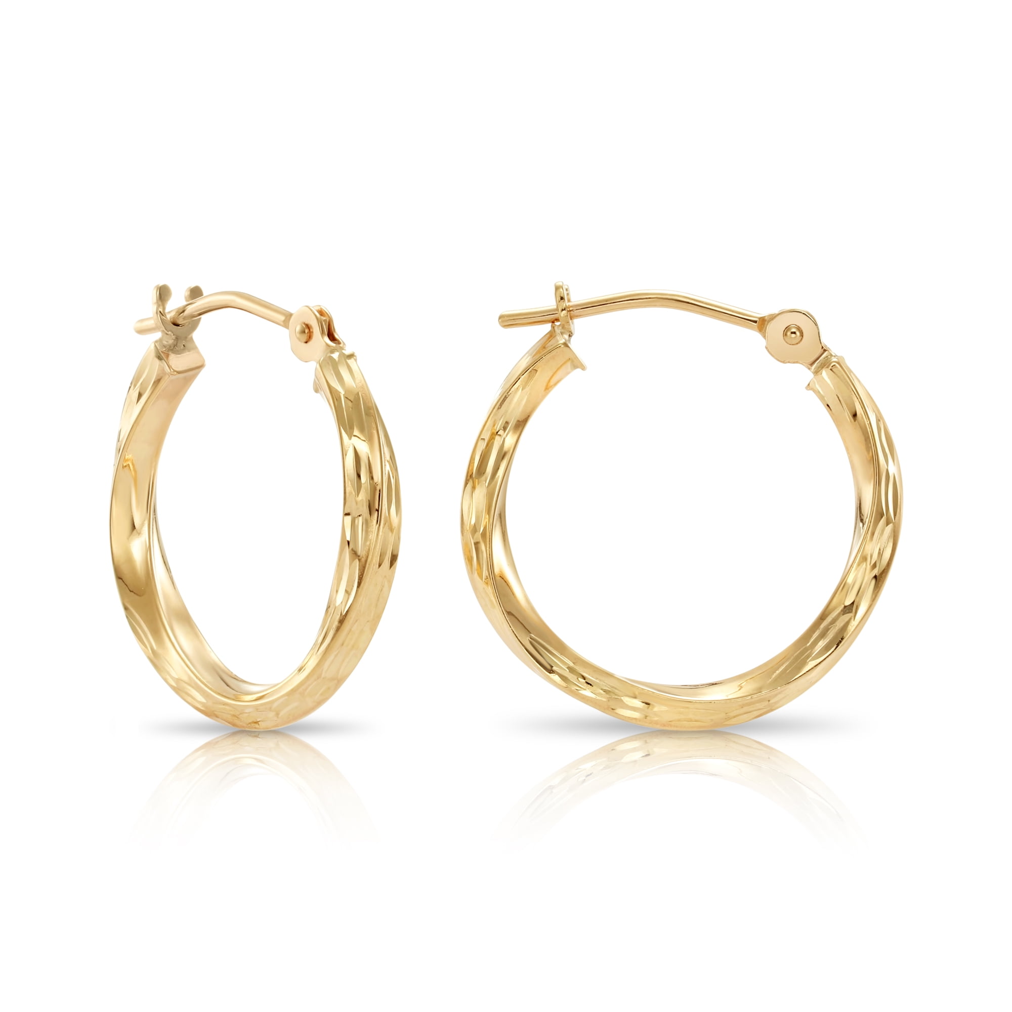 Tilo Jewelry 10K Yellow Gold Twisted Round Hoop Earrings with Diamond-Cut Engraving | 16mm | Everyday Earrings for Women & Unisex