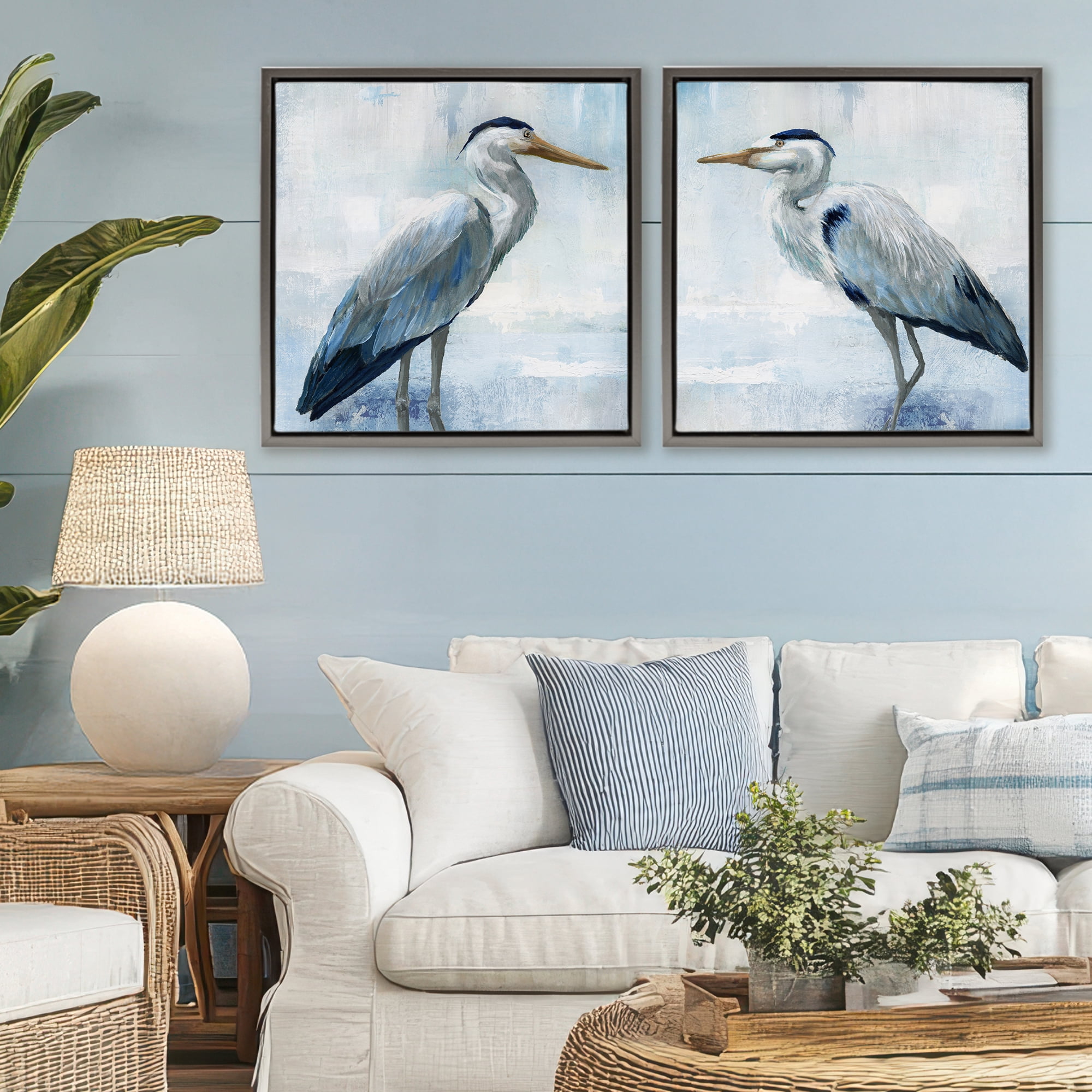 Stupell Industries Faded Blue Coastal Herons 2 Piece Gray Framed Floater Canvas Set, design by Nan