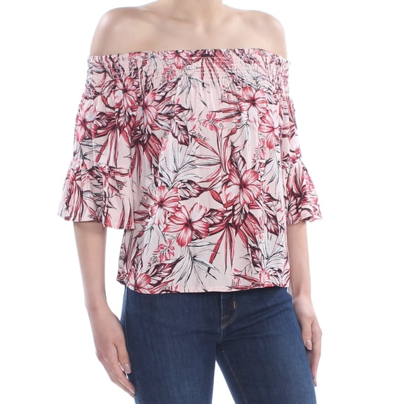 POLLY & ESTHER Womens New 1644 Pink Printed Smocked Off Shoulder Top XS Juniors
