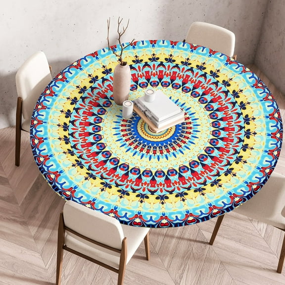 LINFANG Round Fitted Vinyl Tablecloth for 40 Inch Diameter, Elastic Edge, Wipeable Polyester Table Cover Decorative Protector Tablecloth for Indoor or Outdoor