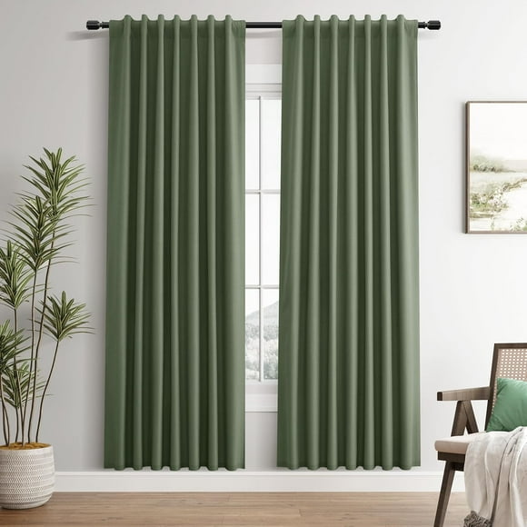 lkijhrd Sage Green Linen Look Blackout Curtains 90 Inches Long 2 Panels Set Hook Belt Back Tab Farmhouse Textured Room Darkening Soundproof Drapes Living Room Bedroom Sliding Door Sage 52