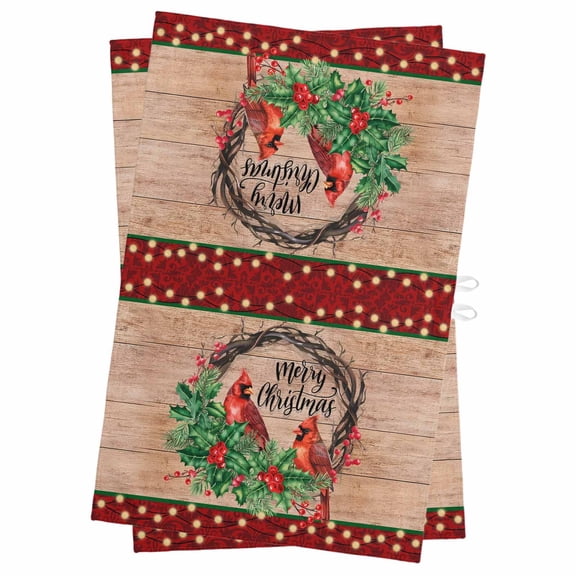 Christmas Cardinal Kitchen Towels Set of 2, Water Absorbent Dish Towel, Xmas Berry Farmhouse Wooden Grain Decorative Hand Towels - Quick Drying Cloth for Cooking Baking, 18x28 Inch