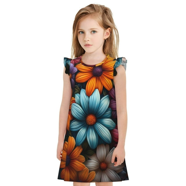 Gaeub Robe de Pyjama pour Filles à Fleurs Colorées, Vêtements de Nuit Confortables, Robe de Pyjama Imprimée pour Dormir, Vêtements de Détente, Fêtes-TG