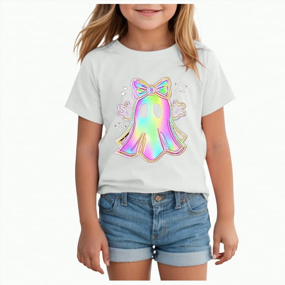 CAUYDY Kids Halloween Shirt Girls Boys Ghost Pumpkin T-Shirt Funny Graphic Spooky Season Short Sleeve Tee Tops(White,6-7 Y)
