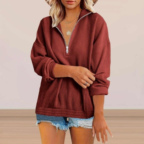 VALMASS Womens Waffle Casual Sweatshirt Zip Mock Neck Long Sleeve Plus Size Tops Loose Pullover Sweatshirts (XL, Red)
