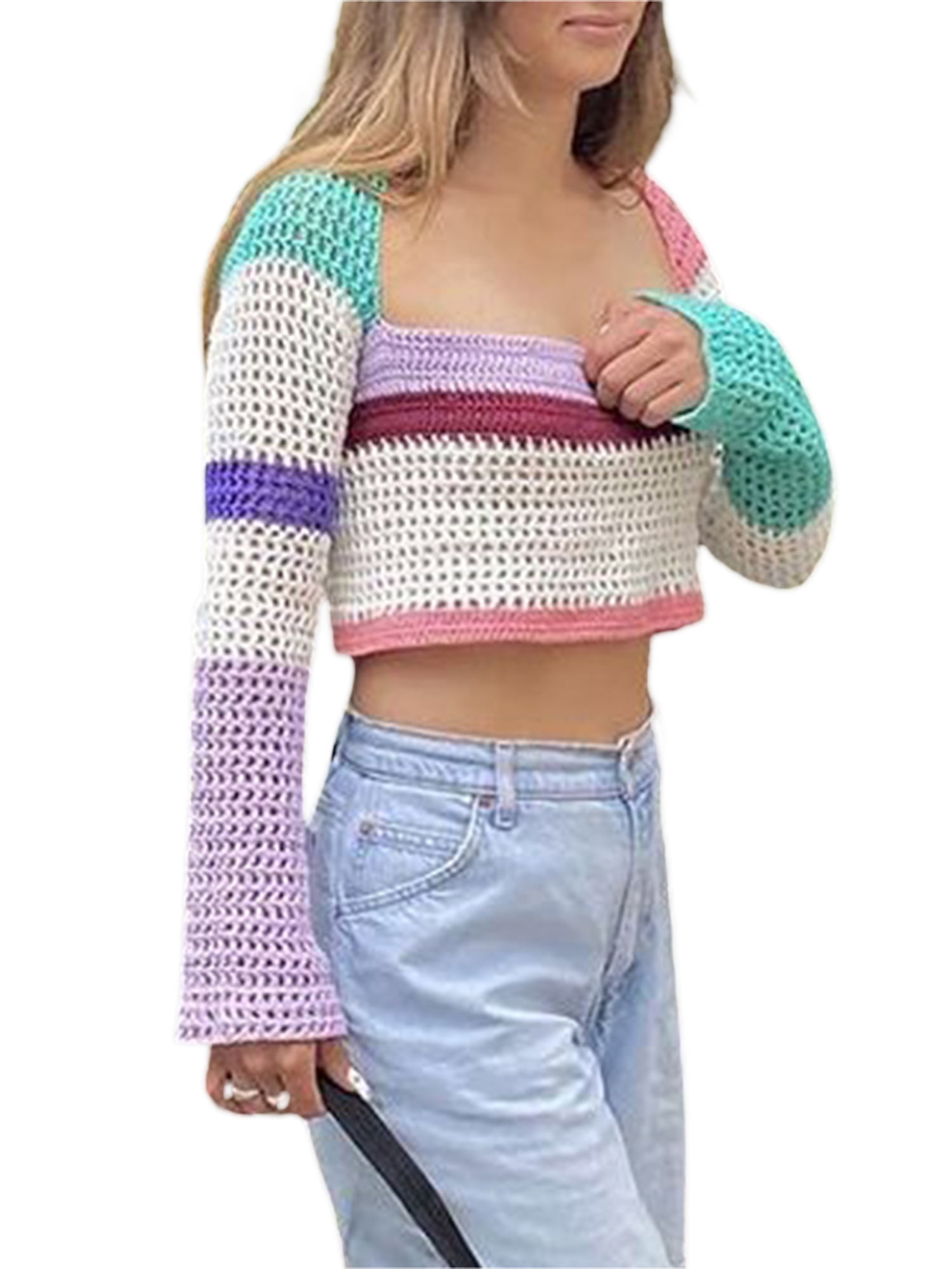 Womens Tie-Dye Shirts Off Shoulder Pullover Color Block Long Sleeve Casual Knit Jumper Tops E-Scenery