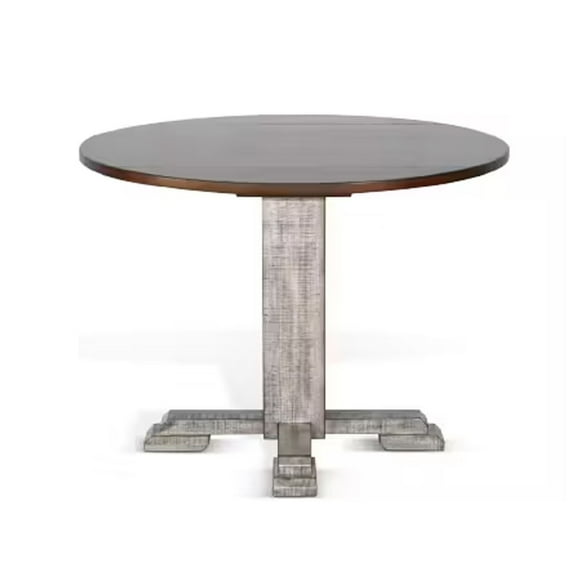 Camie Dining Table, 40 Inch Brown Round Top w Drop Leafs, Rustic Gray