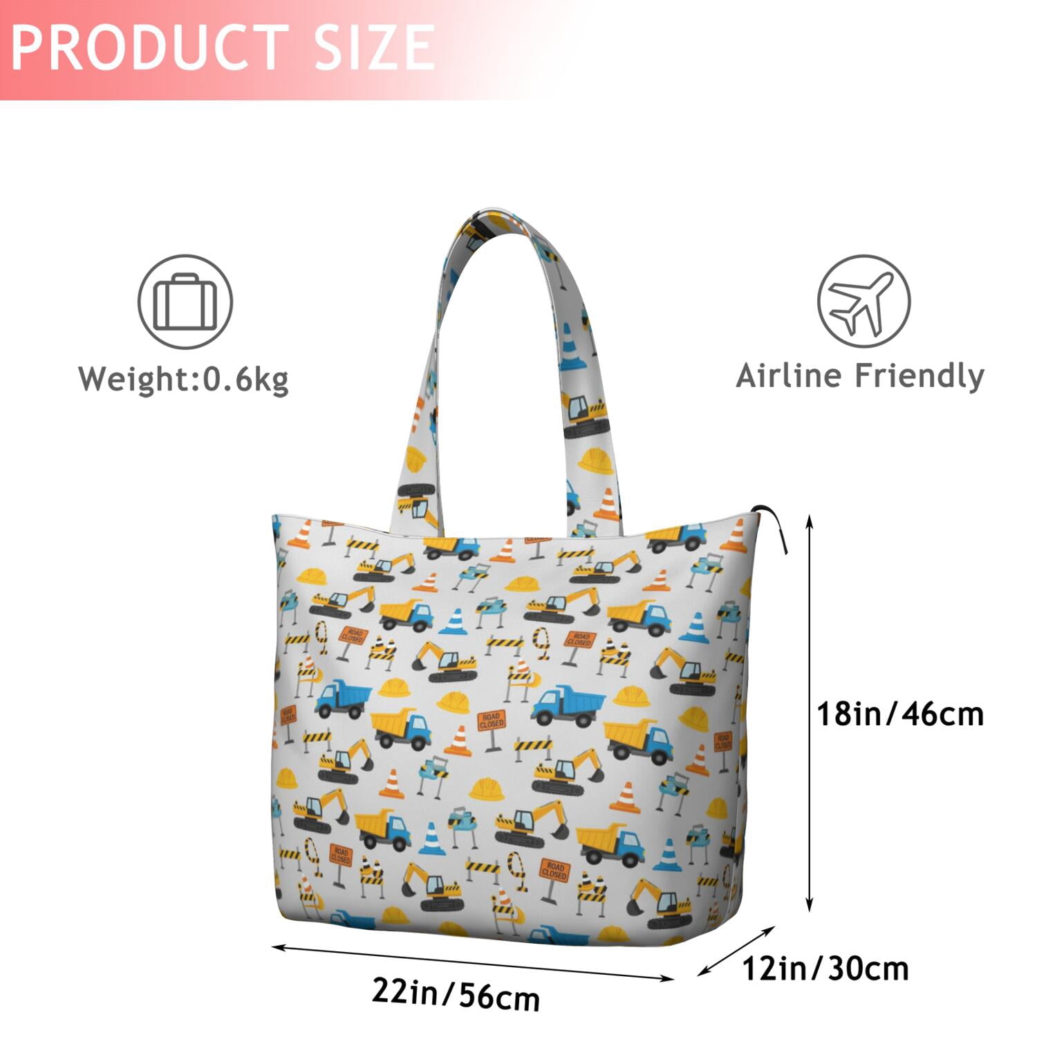 Cartoon Construction Vehicles Road Signs Travel Tote Bags for Women Carry On,Large Weekender Bags for Women Travel,Multi Functional Duffle Bag for Work,Shopping,Sports