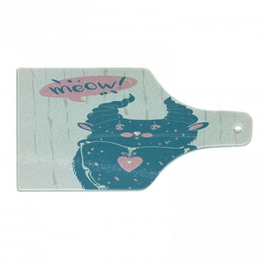 Colorful Cutting Board, Meow Typography in a Speech Bubble with a Bizarre Cat, Decorative Tempered Glass Cutting and Serving Board, in 3 Sizes, by Ambesonne