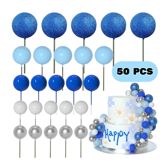 BESTSKY 2026 New 50Pcs Ball Cake Toppers,Cake Topper Decorating Set with 4 Size for Theme Party,Diy Cupcake Insert Foam Balloons,Cake Supplies Decoration for Baking,Birthday Party,Wedding - Blue