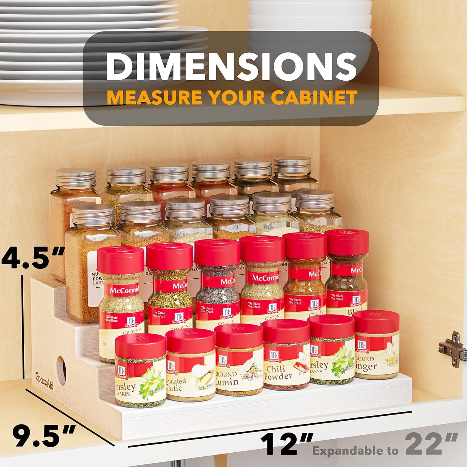 SpaceAid Expandable Spice Rack Organizer for Cabinet, Bamboo, 4 Tier, White