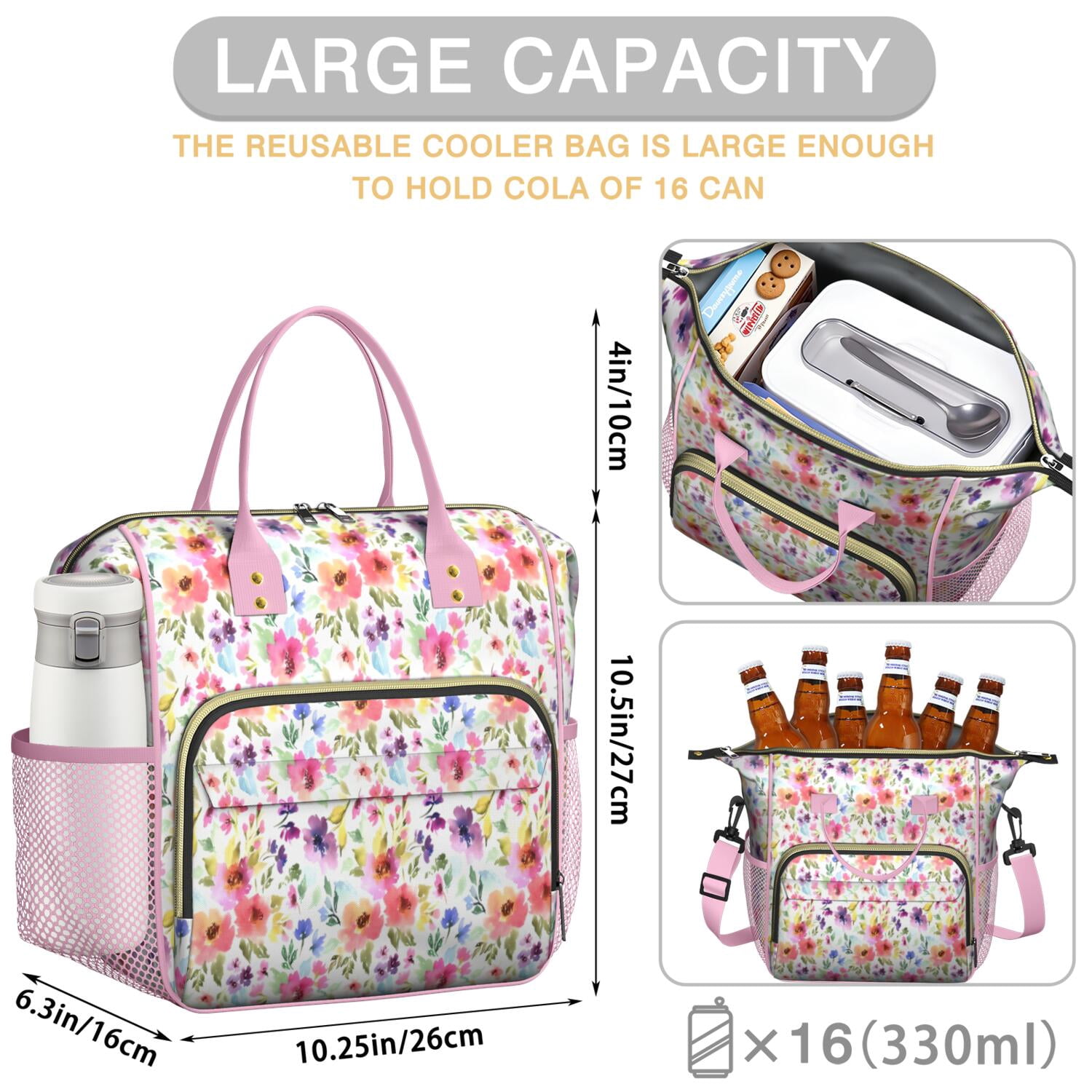Pioneer Flower Floral Print Pattern Womens Lunch Box for Work,Insulated Large Lunch Bag for Tween and Teen,Loncheras Para Mujer,Leakproof Adult Lunch Bag for Work,Beach,Travel,Picnic,Camping