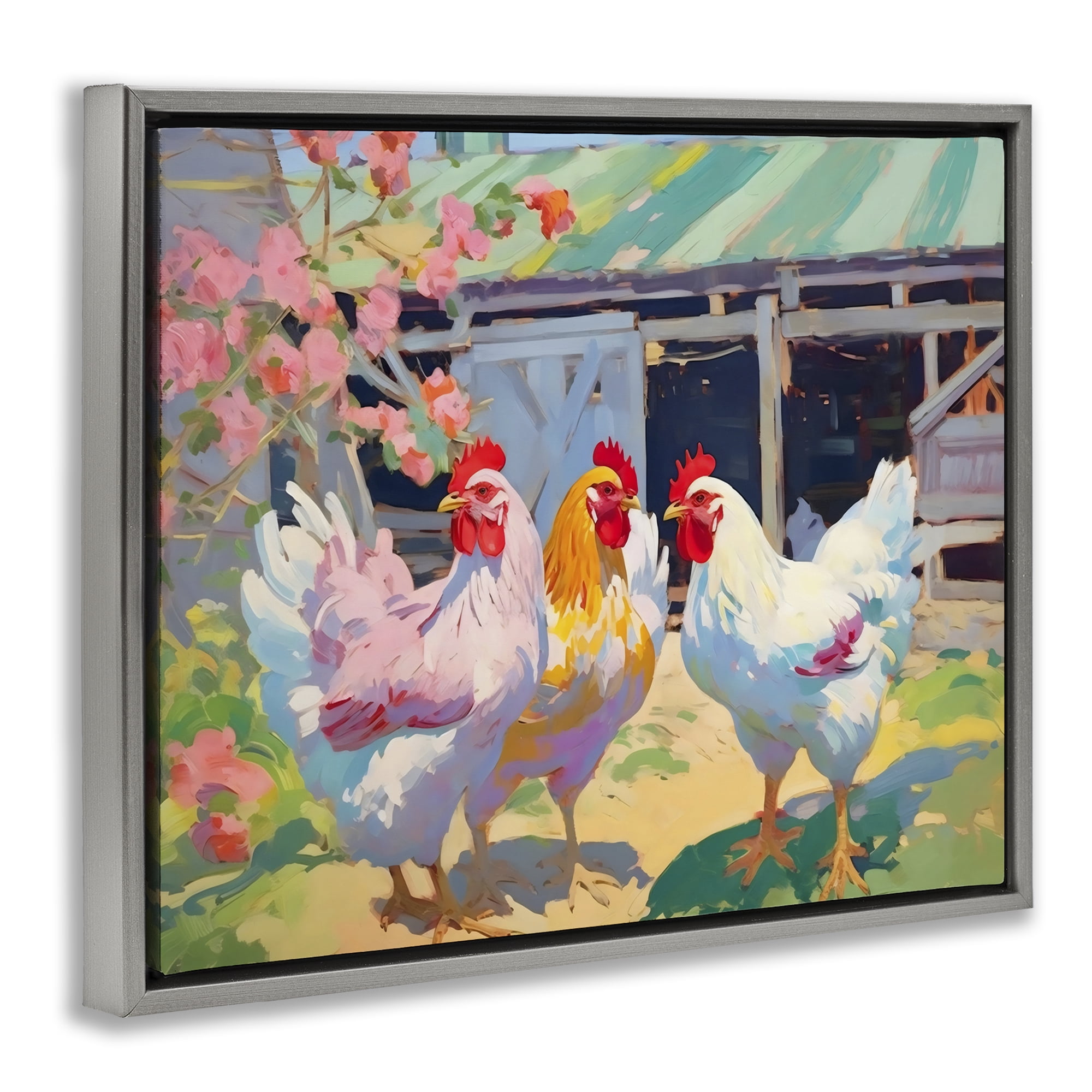 Stupell Industries Colorful Chickens in Sunlit Yard Gray Framed Floater Canvas Wall Art, design by Creative Studio