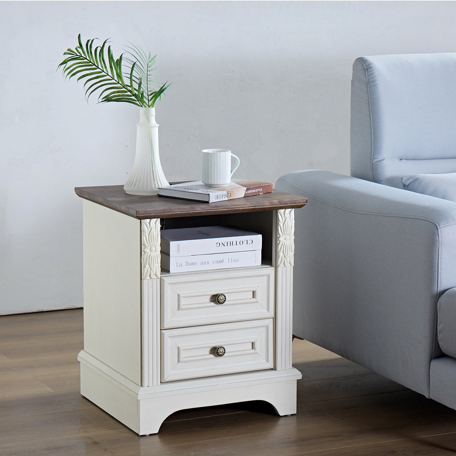 BOSHIRO Farmhouse Side Table with Charging Station, 2 Drawer Nightstand for Bedroom, Carved Design, Antique White