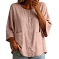 thumbnail image 7 of ClodeEU Women's Crew Neck 3/4 Sleeve Button Down Blouse,Casual Loose-Fit Linen Blend Shirt Pink,Women's Plus XL, 7 of 7