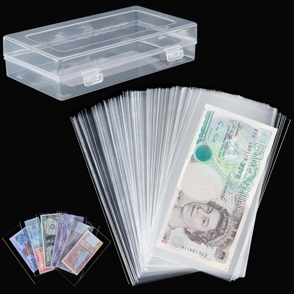 100 PCS Currency Sleeves with Storage Case, Clear Paper Money Holder, 6.8''x3.3'' Dollar Bill Sleeves for Cash Collectors, Money Box for Paper Dollar Bills, Slab Holder, Banknote, Stamp Storage