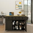 thumbnail image 3 of Kitchen Cart with Rubber wood Drop-Leaf Countertop ,Cabinet door internal storage racks,Kitchen Island on 5 Wheels with Storage Cabinet and 3 Drawers for Dinning Room, Black, 3 of 18