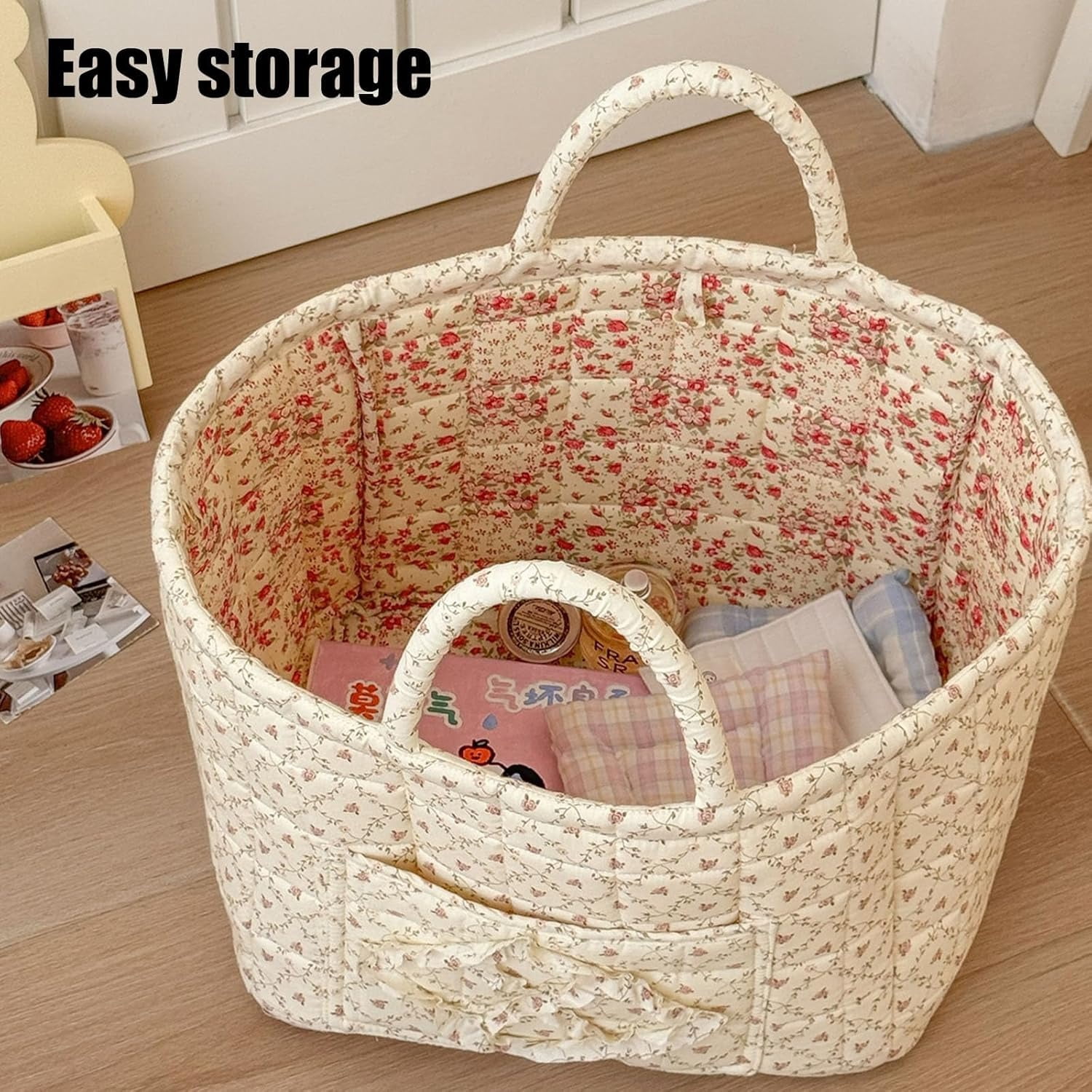 Boho Fabric Storage Basket, Large Capacity Fabric Storage Basket, Boho Floral Laundry Baskets for Storage, Collapsible Laundry Hamper with Easy Carry Handles for Clothes Sundries Toys (D)