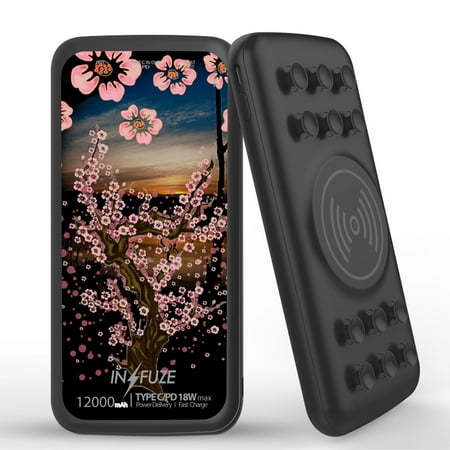 

INFUZE Qi Wireless Portable Charger for Samsung Galaxy A42 5G External Battery (12000 mAh 18W Power Delivery USB-C/USB-A 3.0 Ports Suction Cups) with Touch Tool - Cherry Blossom Pink Tree