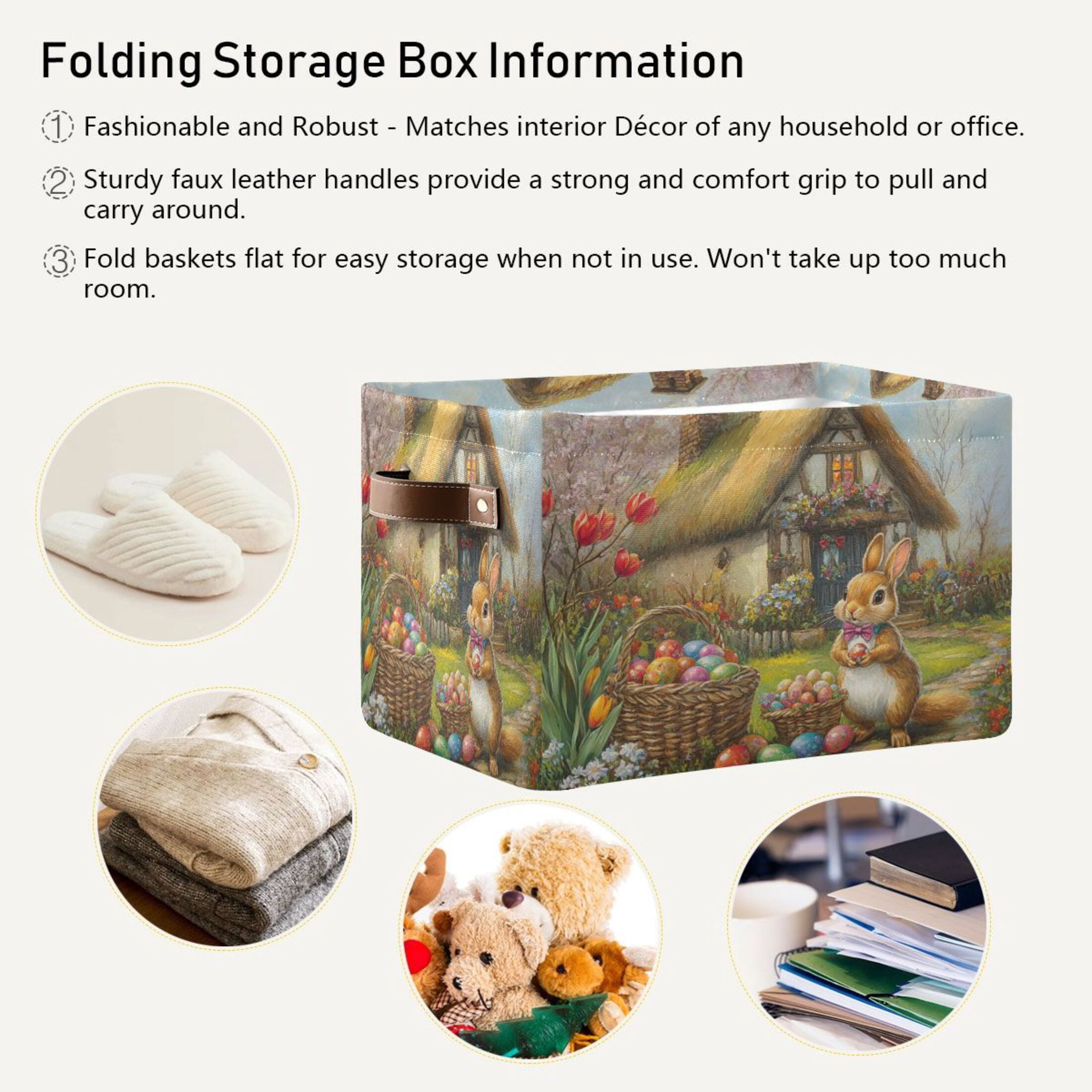WOBOGO Easter Cozy Straw House Square Storage Basket with Waterproof Canvas and PE Lining Durable PU Leather Handles 14.2×10.2×8.3in